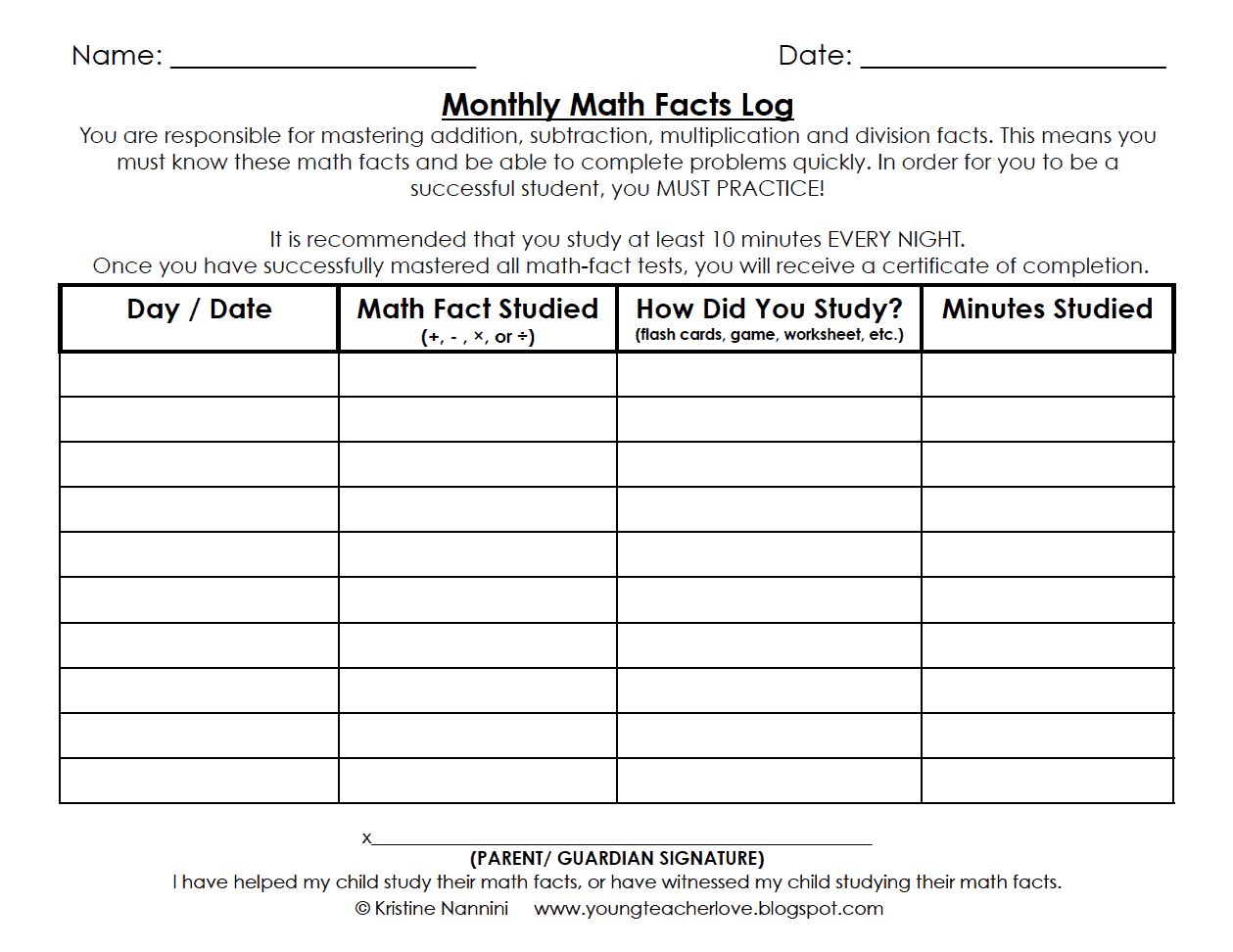 Monthly Math Facts Log -Building Number Sense FREEBIE - Young Teacher Love by Kristine Nannini