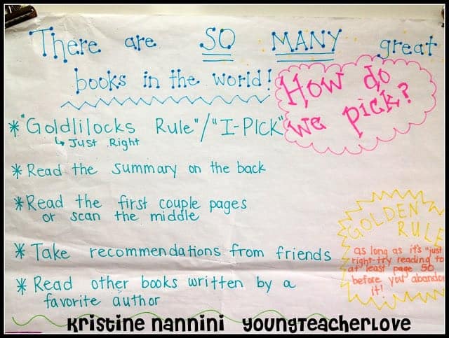 Picking Just Right Books Anchor Chart - Young Teacher Love by Kristine Nannini